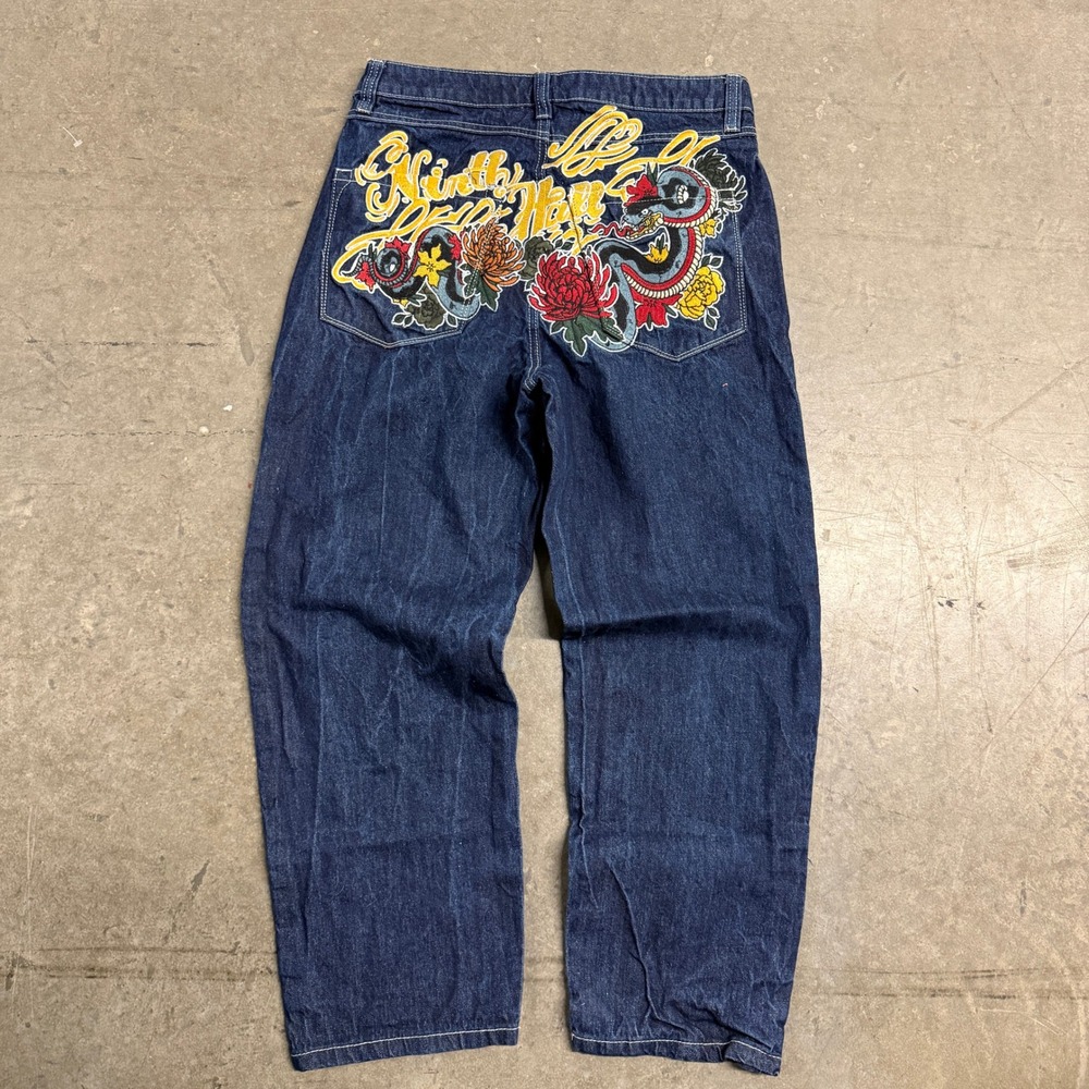 Ninth Hall Ambush Baggy Jeans Mens 32 Dark Wash Embroidered Snake Floral NH Logo